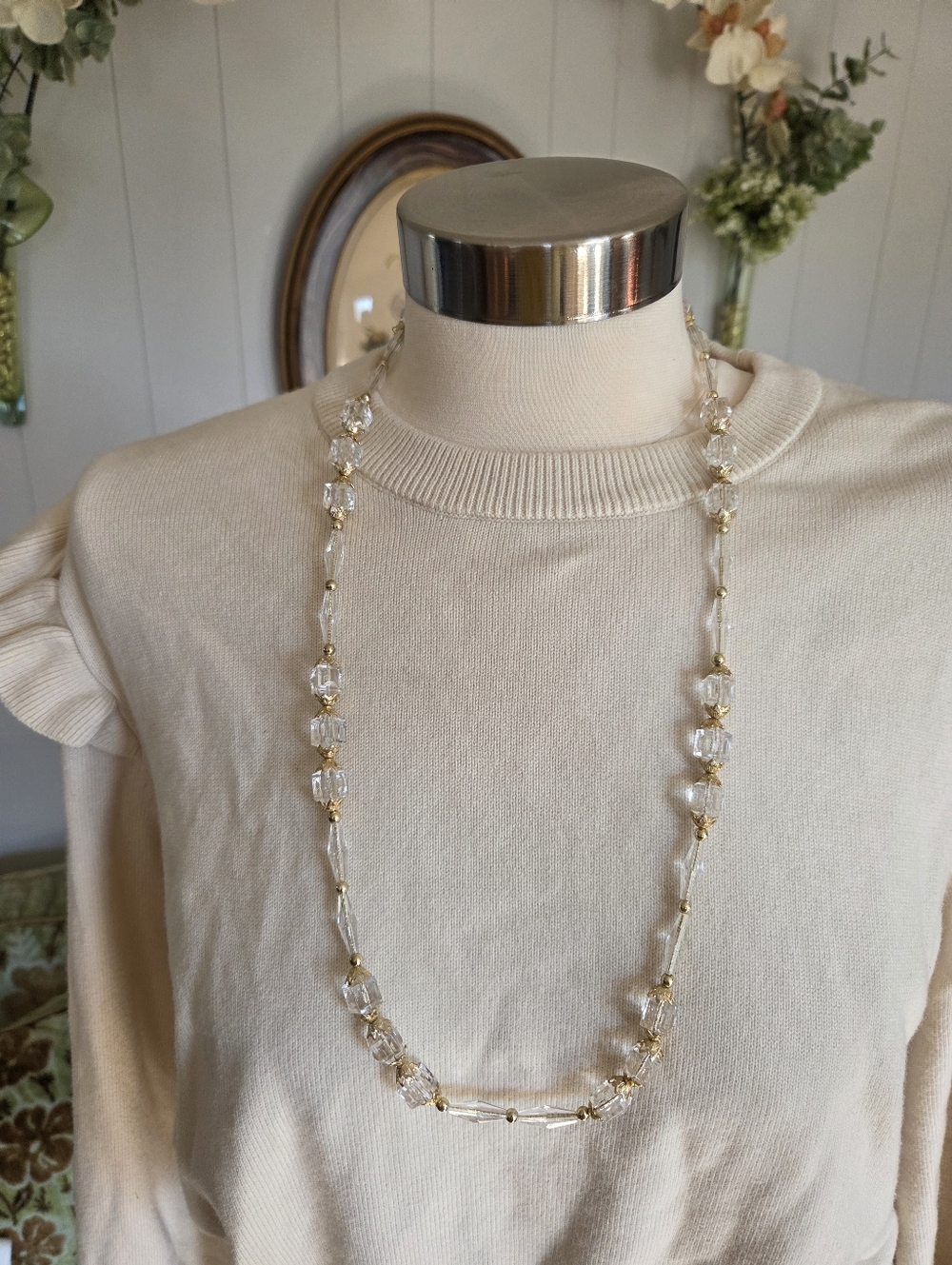 Vintage Handmade Gold & Clear Beaded Long Necklace - Women Jewelry